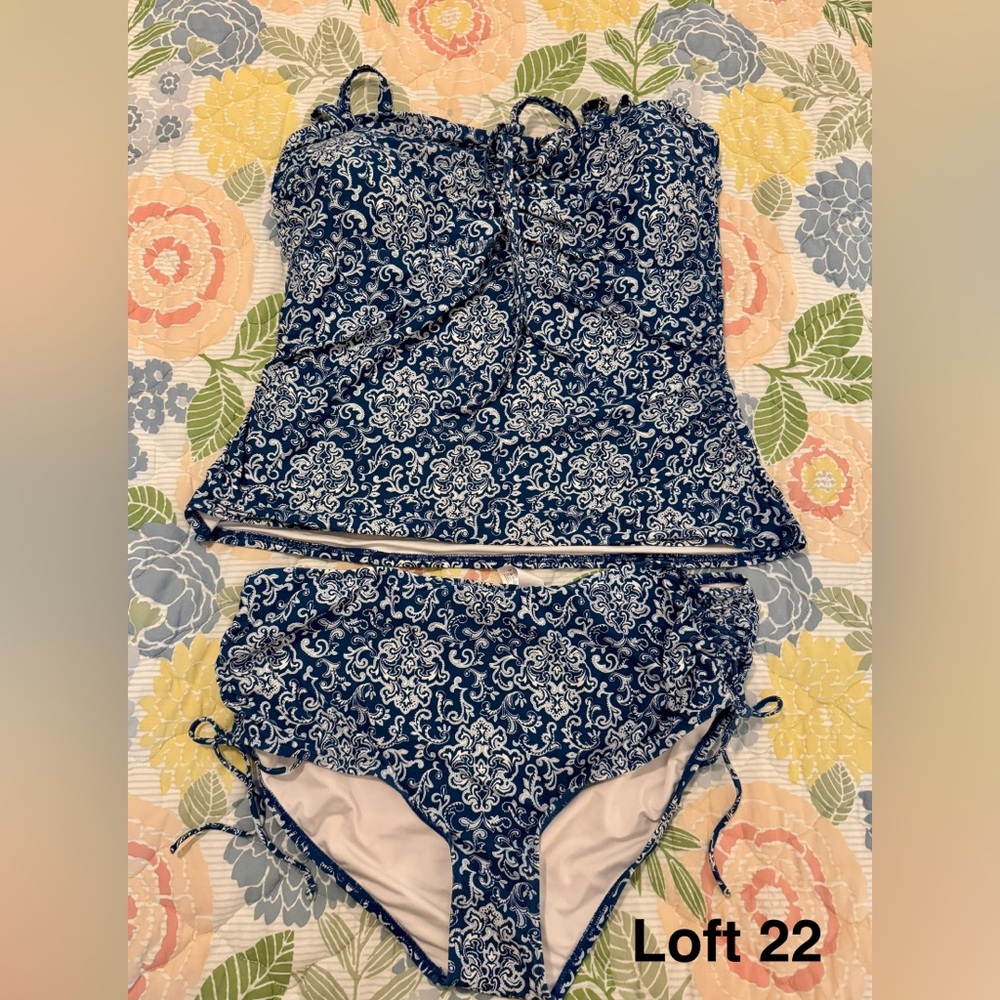 LOFT Blue and White Patterned Swimwear